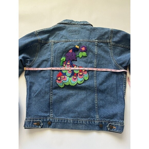 Vintage Vtg Y2K Embroidered Floral Boho Hippie Denim Jean Coat Jacket Large - Picture 6 of 7